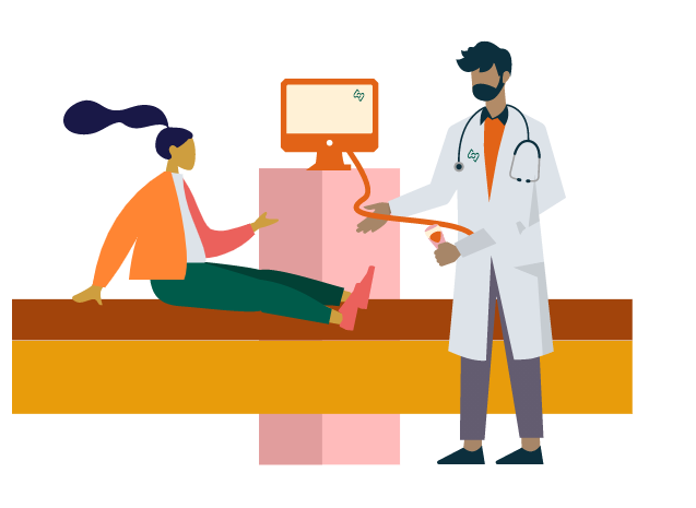 An illustration of a woman sat on a doctor bed with a doctor completing a heart scan.